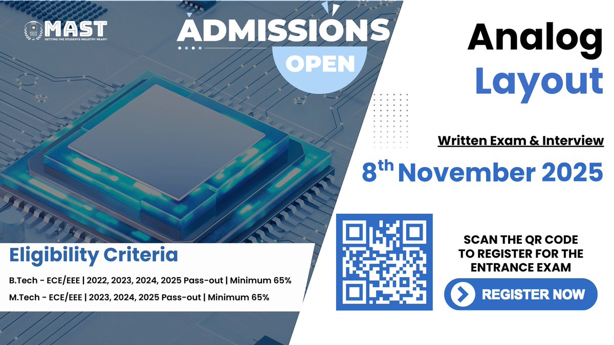 Admissions Open | Analog Layout

Every line tells a story of silicon precision.

Register now - moschip.academy 

#VLSI #LayoutDesign #AnalogEngineering x.com/messages/compo…