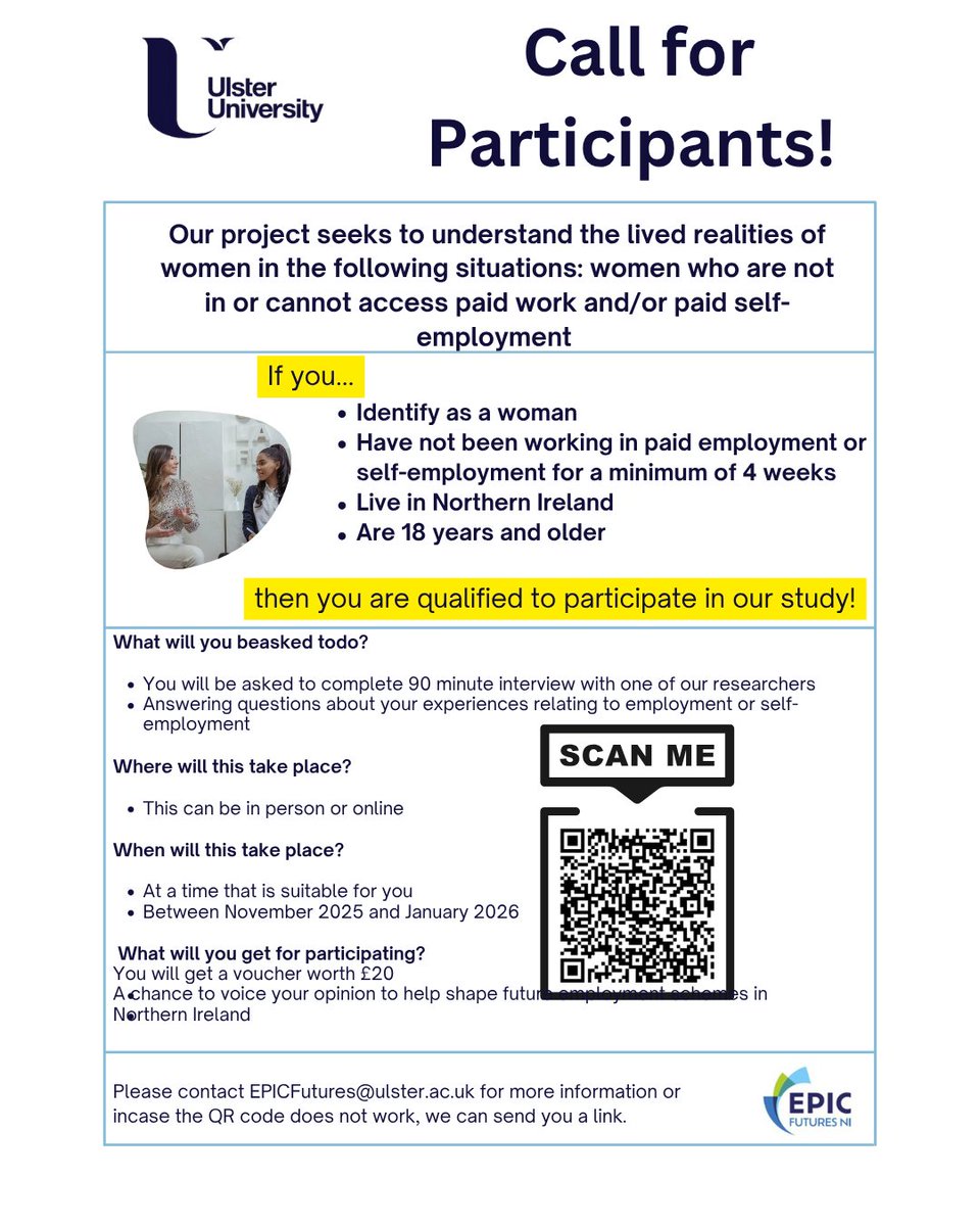 There’s REAL power in women’s voices. <a href="/UlsterUni/">Ulster University</a> invite women in NI to share work experiences &amp; barriers in a 90-min interview (online/in person), plus receive a £20 voucher as a thank you!. Nov 2025–Jan 2026. Sign up here: bit.ly/4hqPNsK
or email