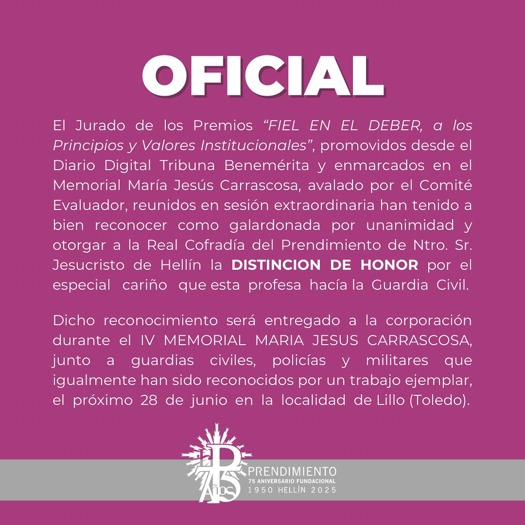 OFICIAL | La #RealCofradíadelPrendimiento reconocida con la Distinción de Honor en los Premios Fiel en el Deber, a los Principios y Valores Institucionales, otorgados por Tribuna Benemérita