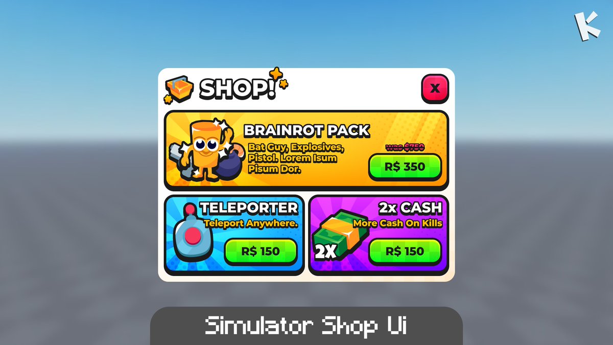 Klawz_Dev's tweet image. 🏬Simulator Shop Ui For Practice
🖥️Dm k_lawz On Discord For Full Game Ui Based On This.
📂Portfolio klawz.framer.website
#RobloxDev | #RobloxUI | #robloxart