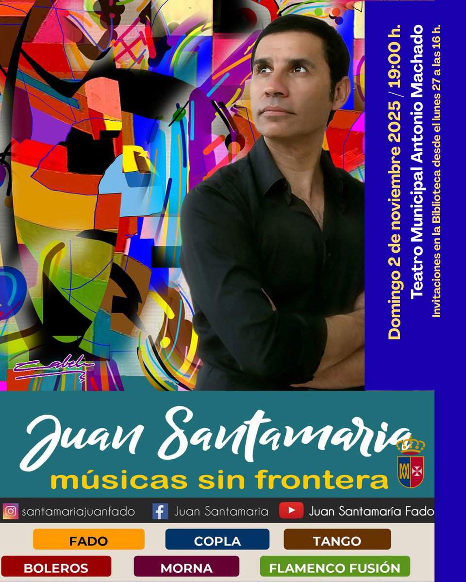 🎼 El Ayuntamiento de El Viso del Alcor organiza este domingo 2 de noviembre a las 19:00 horas en el Teatro Municipal Antonio Machado el concierto de Juan Santamaría, artista hispanoluso que fusiona el fado con las músicas del sur de Andalucía y del mundo.