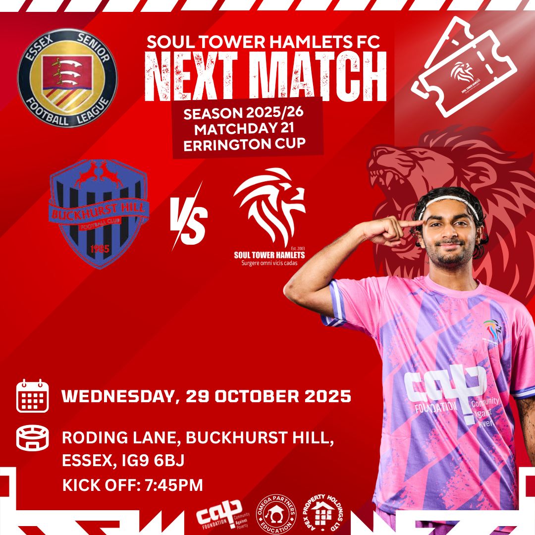 CUP ACTION IS BACK! 🏆
NEXT MATCH: MIDWEEK CUP FIGHT! 

Fresh off a huge league win that sent us back to the top of the Essex Senior League table, the attention switches to the Errington Cup!

We travel to take on <a href="/buckhursthillfc/">Buckhurst Hill FC</a> in what promises to be an electric cup tie! We