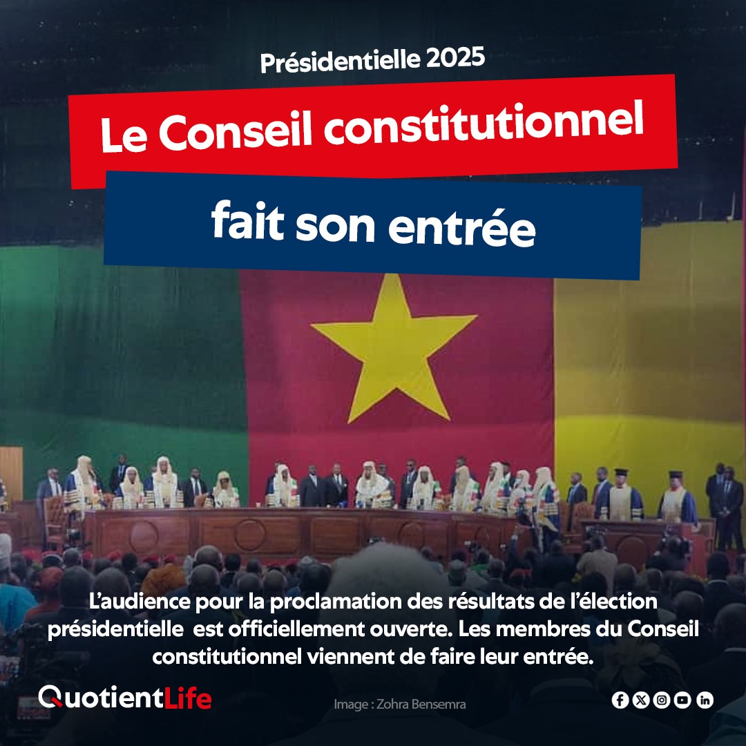 QuotientLife's tweet image. Présidentielle 2025

Ouverture de l’audience de proclamation des résultats

Image : Zohra Bensemra

#Présidentielle2025 #Proclamation #Cameroun #quotientlife