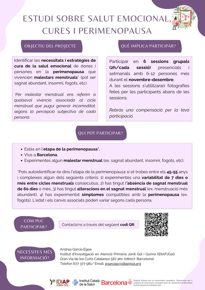 📢 Vius a Barcelona i estàs en perimenopausa?

A l’#IDIAPJGol estudiem la salut emocional en aquesta etapa per millorar l’atenció sanitària.
👥 Busquem dones i persones en fase de perimenopausa amb símptomes com fogots, insomni o canvis menstruals.
🕐 6 sessions grupals de 2 h