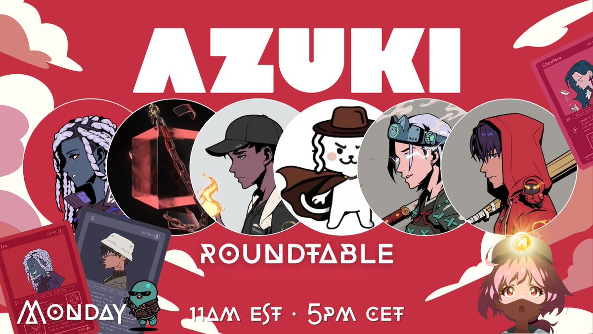 Anime Morning to all!

Monday w Azuki Roundtable - today⛩️

This stream is for builders within the community, and today our guest is <a href="/LeviNotAckerman/">Levi</a> and his MIMTCG project!🃏

Co-hosts: <a href="/huntclubhero/">Huntclubhero.eth</a> <a href="/firesalejpegs/">Talvir</a> <a href="/wizexe/">ᵂᵢ ᶻₐᵣᴰ</a> <a href="/CountDewKu/">Dewku</a> 🖤 c u at 11 am est!