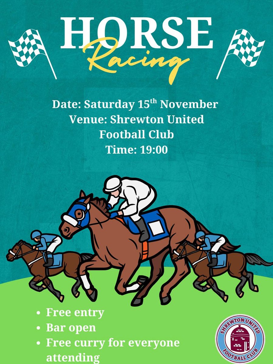 SUFC RACE NIGHT!

Join us on 15th November after our home game with Bemerton Heath Harlequins Reserves for an evening of entertainment. 

Admission is free
Free Curry for all!

Please let us know if you'll be joining us so we can cater accordingly.

It's shaping up to be a great