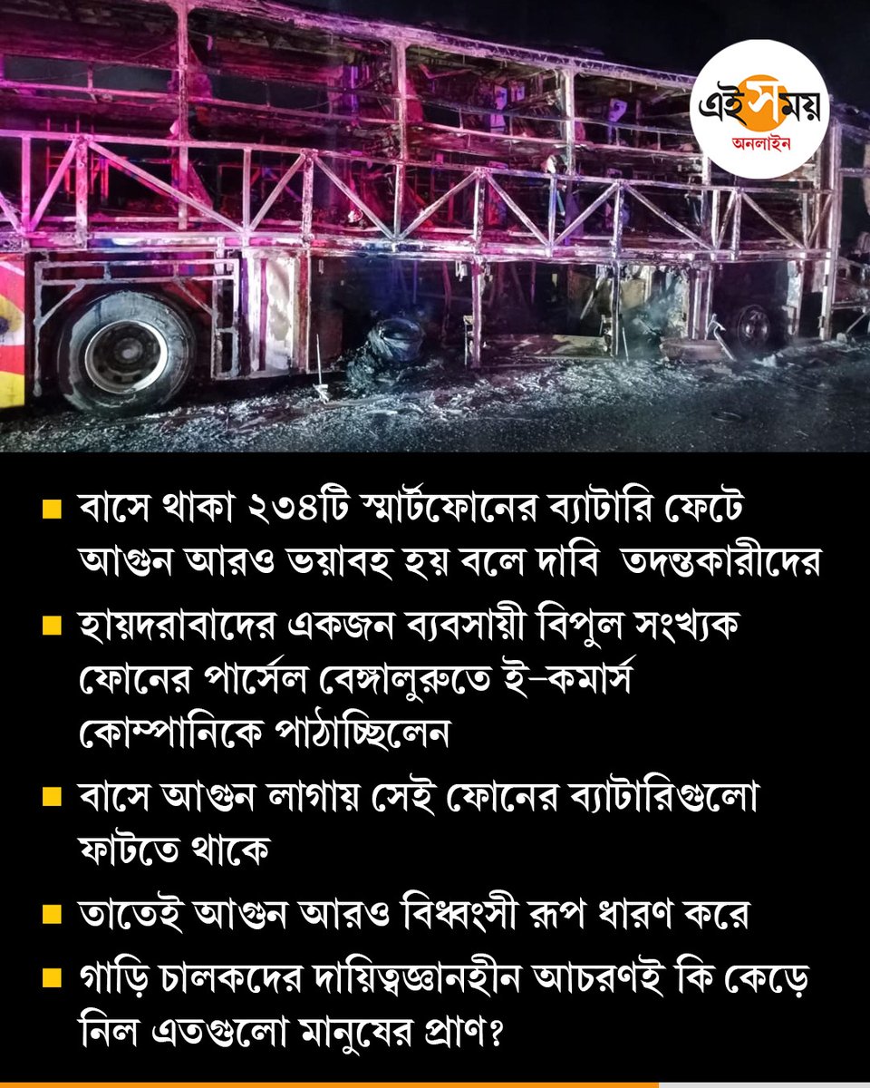 Ei_Samay's tweet image. কুর্নুল বাস দুর্ঘটনার নেপথ্যে কোন রহস্য?

#firnews #FireIncident #busonfire #KurnoolBusFire #AndhraPradeshNews #HyderabadBengaluruBus #BusAccident #AndhraFire #BusFire #eisamay #bengalinews #eisamayonline #EiSamay