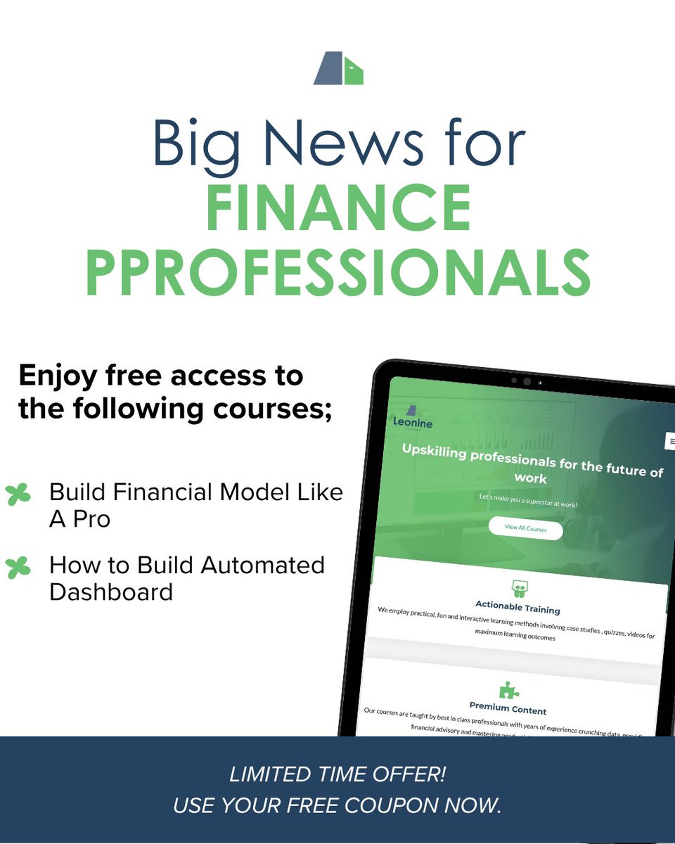 leoninelearning's tweet image. 🚨 Big News for Finance Professionals! 🚨
For the next 30 days only, you can get FREE access to two of our most in-demand courses — designed to help you level up your finance skills and career:
🎯 Build Financial Model Like a Pro
📊 How to Build Automated Dashboard