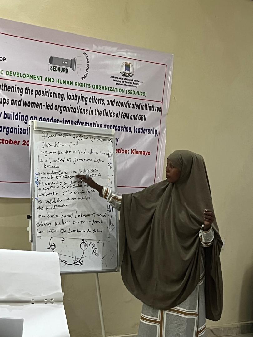 From 19–23 Oct, SEDHURO trained 50 women in Kismayo on gender transformative approaches, leadereship and organizational  development to lead advocacy &amp; end #FGM.
Supported by NCA, funded by GIZ  empowering women-led groups to challenge harmful norms in Jubbaland. 🌍💪
