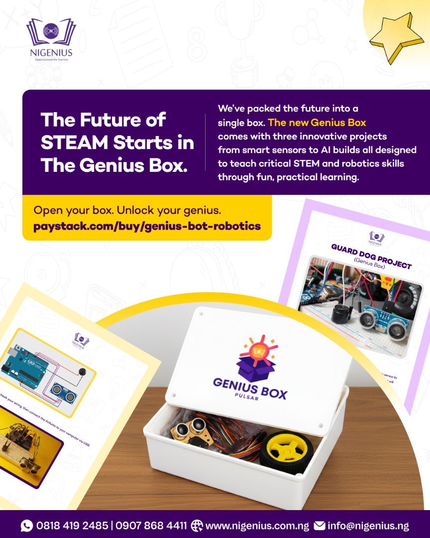 nigenius's tweet image. The future of STEM learning is here 
The Genius Box,  your child’s all-in-one robotics kit packed with smart, hands-on projects that make learning fun and practical!
Unlock your genius.
paystack.com/buy/genius-bot…
#Nigenius #STEMEducation #RoboticsForKids #TheGeniusBox