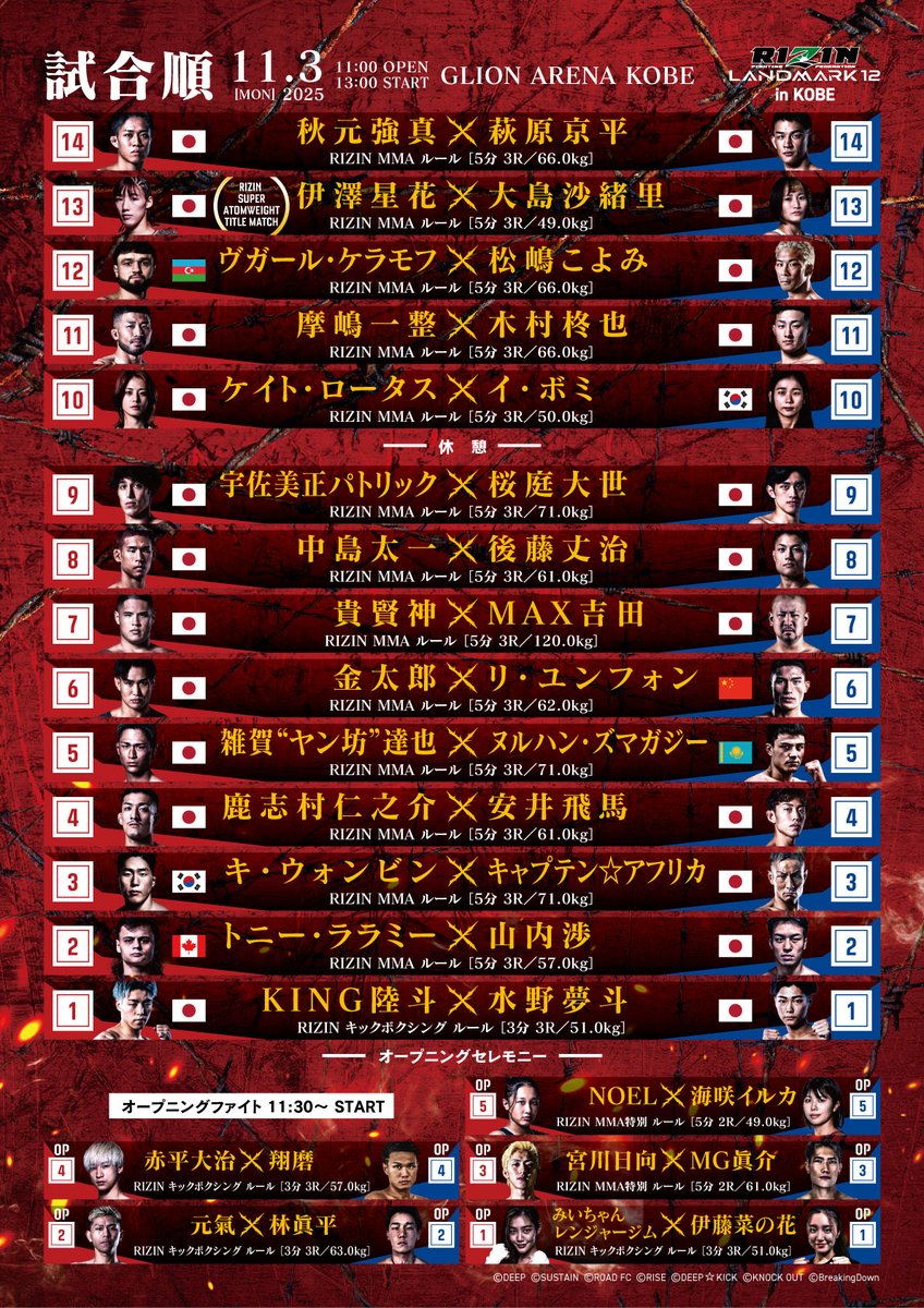RIZIN_LANDMARK12 in KOBE⚓️ 📝#FIGHTORDER 試合順決定📝 ⑭🇯🇵秋元