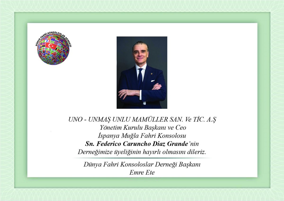 Dünya Fahri Konsoloslar Derneğimize üyeliği gerçekleşen Fahri Konsolosumuz Sn Federico Caruncho Diaz Grande’ye teşekkür eder, hayırlı olmasını temenni ederim. 🇹🇷🇪🇸