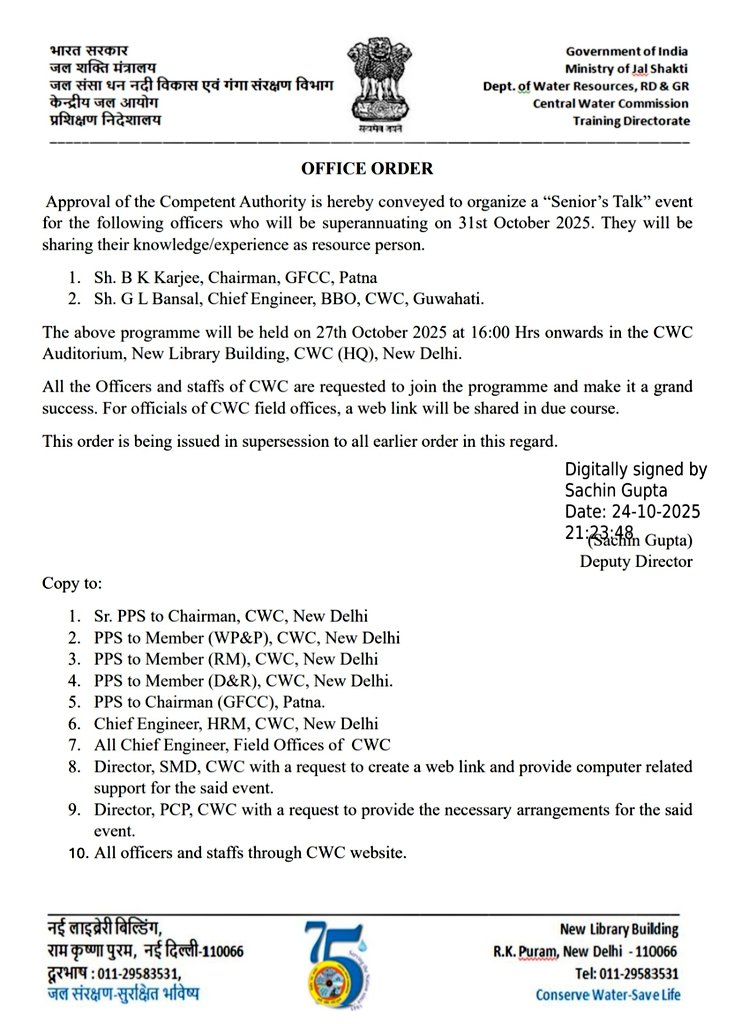 h_pongilath's tweet image. Ministry of Jal Shakti - Department of Water Resources - Central Water Commission #CWC - Senior's Talk Event at Auditorium, New Library Building at 1600 Hrs on 27.10.2025 (today) 
#centralwatercommission #Jalshakti