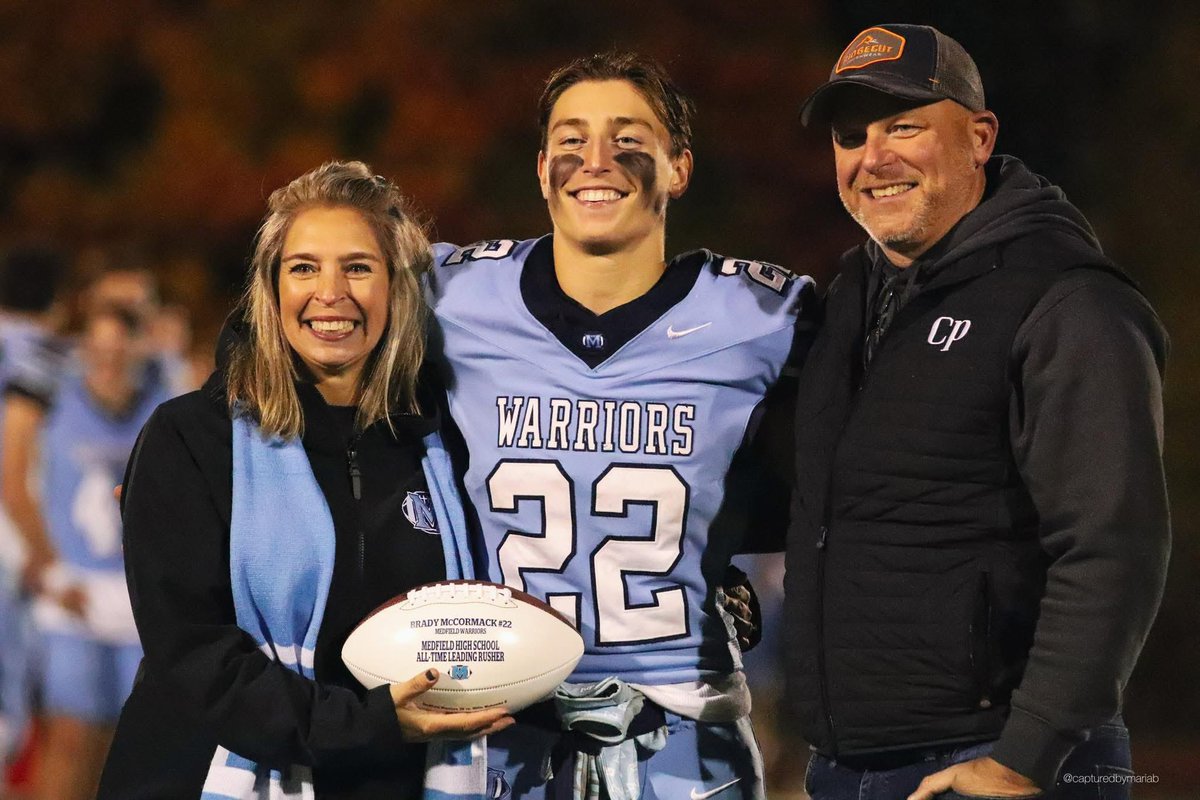 BradyMack23's tweet photo. Senior Night Friday was a special night. Thank you to everyone I’ve played with this year and in the past 3 who helped me capture our school Rushing &amp; TD career records! We still have a lot more to do! @MHSGRIDIRON #MeWe #Pride @pgumas27 @MedfieldAD @coachmace @TVLSportsMa https://t.co/YV35Fsybky
