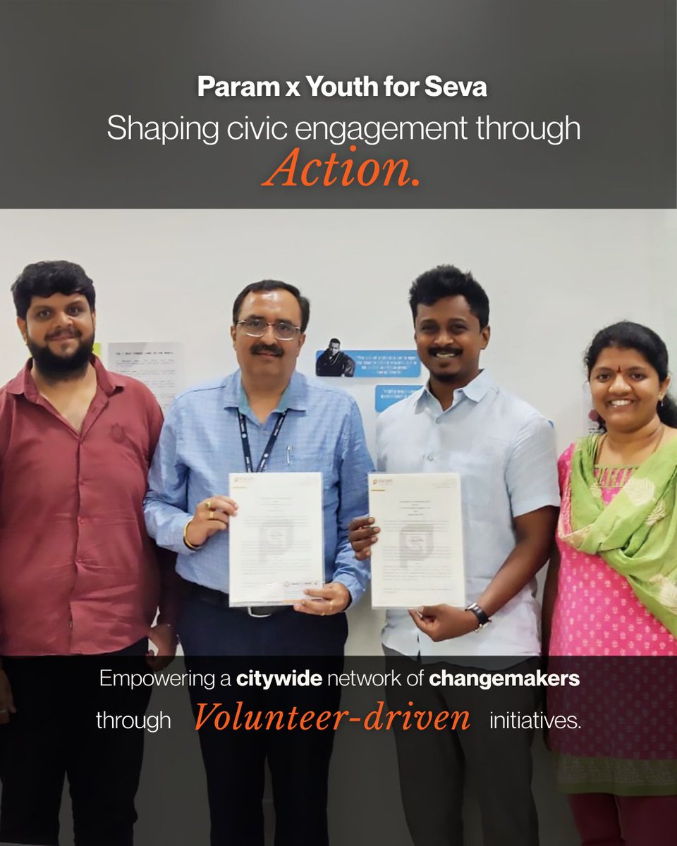 paraminnovation's tweet image. Every collaboration at Param is built with purpose🌱
Together with @YouthForSeva, we are activating a citywide network of changemakers, turning civic awareness into real action and impact across Bengaluru.
#ParamFoundation #Volunteerism #CivicEngagement #Impact