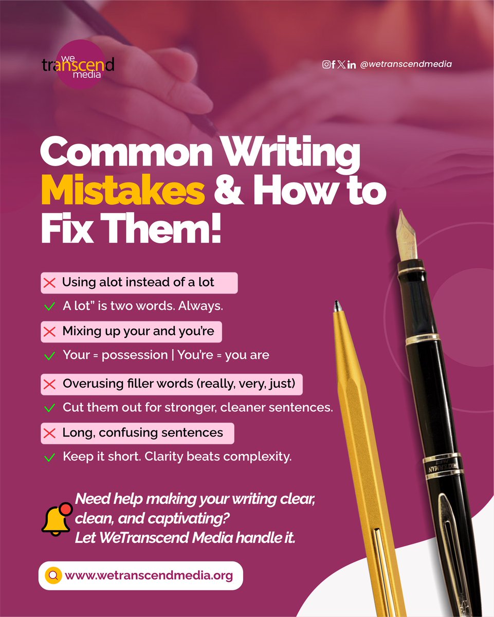 WeTranscendMed's tweet image. Good writing isn’t just about what you say, it’s about how clearly you say it. ✍🏽
Clarity always wins. 💡

#WeTranscendMedia #CopywritingTips #ContentMarketing #WriteBetter #WONDERING #paobc