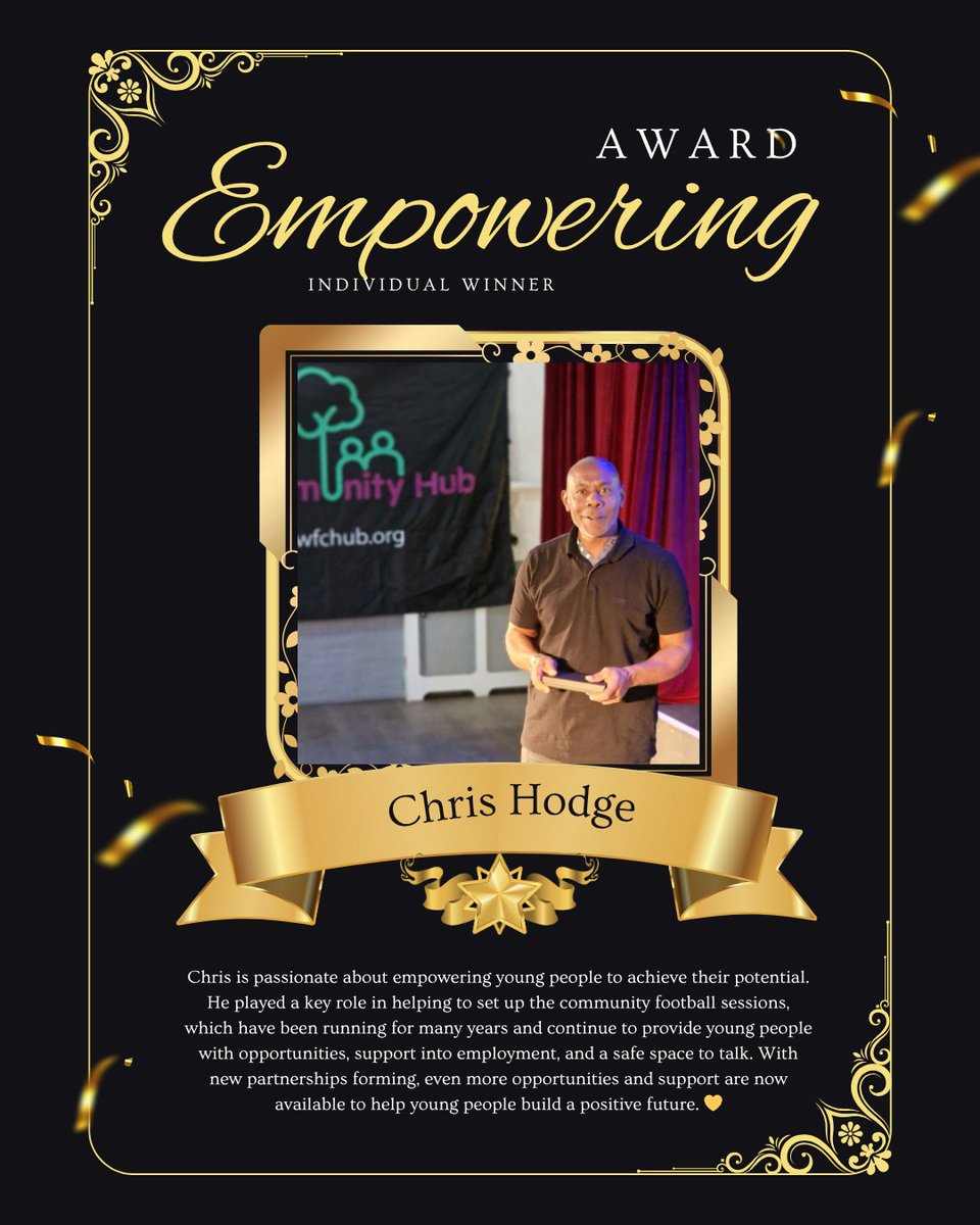 💪 Congrats to Chris Hodge, our Empowering Award winner! 🌟

Chris has helped young people build confidence, skills &amp; brighter futures through our community football sessions. ⚽💛

Thank you for inspiring the next generation! ✨ #YouthEmpowerment