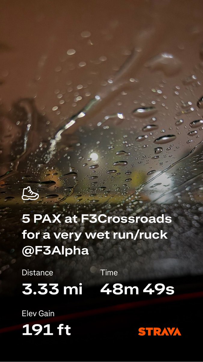 5 PAX at F3Crossroads for a very wet run/ruck <a href="/F3Alpha/">F3 Alpha</a>

strava.app.link/TZnviUGWNXb