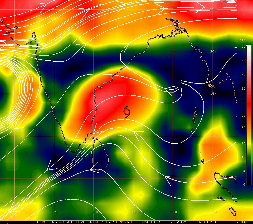 Montha slowly turning into busss cyclone, It won't be surprising if montha lose the cyclone status before landfall. VWS has reached very unfavourable status. Minimum central pressure increased to ~999mb. 
"Pozhaikuradhe ini kashtam".