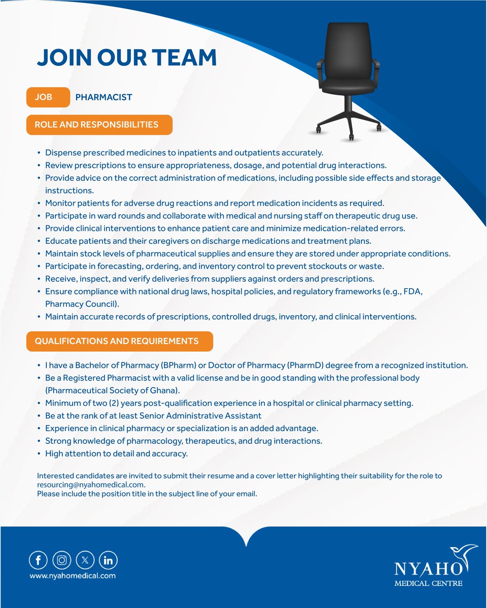 We're Hiring!
We're seeking a passionate and experienced Pharmacist to join our dynamic healthcare team.

Send your resume and cover letter to:resourcing@nyahomedical.com 
Include "PHARMACIST" in your email subject line.

NB: Only shortlisted applicants will be contacted.
#Nyaho