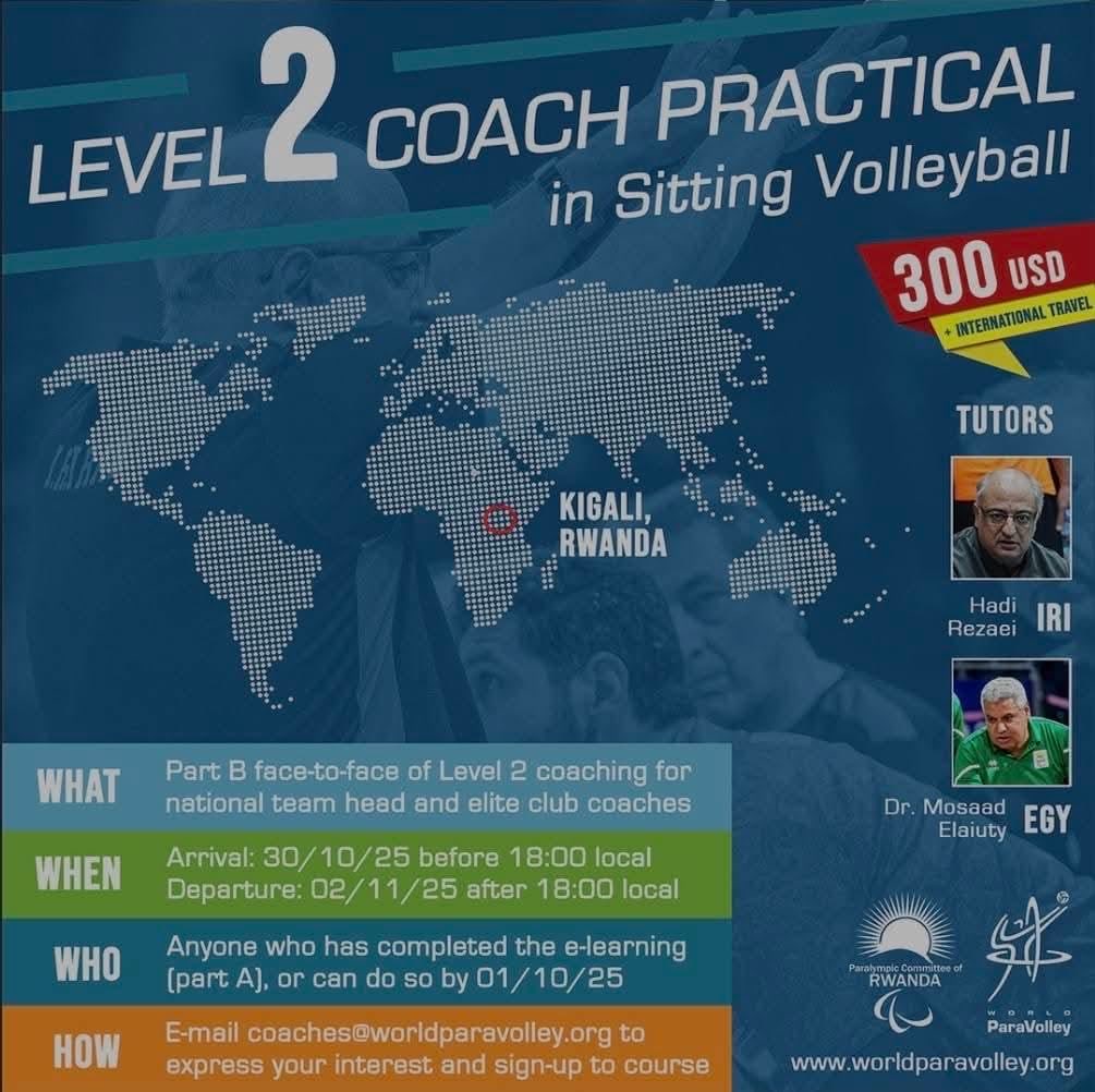 NPC Rwanda, in partnership with <a href="/ParaVolley/">World ParaVolley</a>, has organized the 1st International Sitting Volleyball Coaches Course in Kigali, taking place from 28 to 30 October for Level 1, and from 30 October to 2 November for Level 2.

1/2