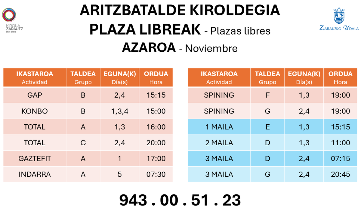 ARITZBATALDE: AZAROA - PLAZA LIBREAK

Azaroa hastear da eta ondorengo taldeetan plaza libreak ditugu. Animatzen al zara probatzera? 

Noviembre está a punto de comenzar y en los siguientes grupos disponemos de plazas libres. Te animas a probar?

☎️943.00.51.23

Gu prest, ZU?🤸‍♀️🤸‍♂️