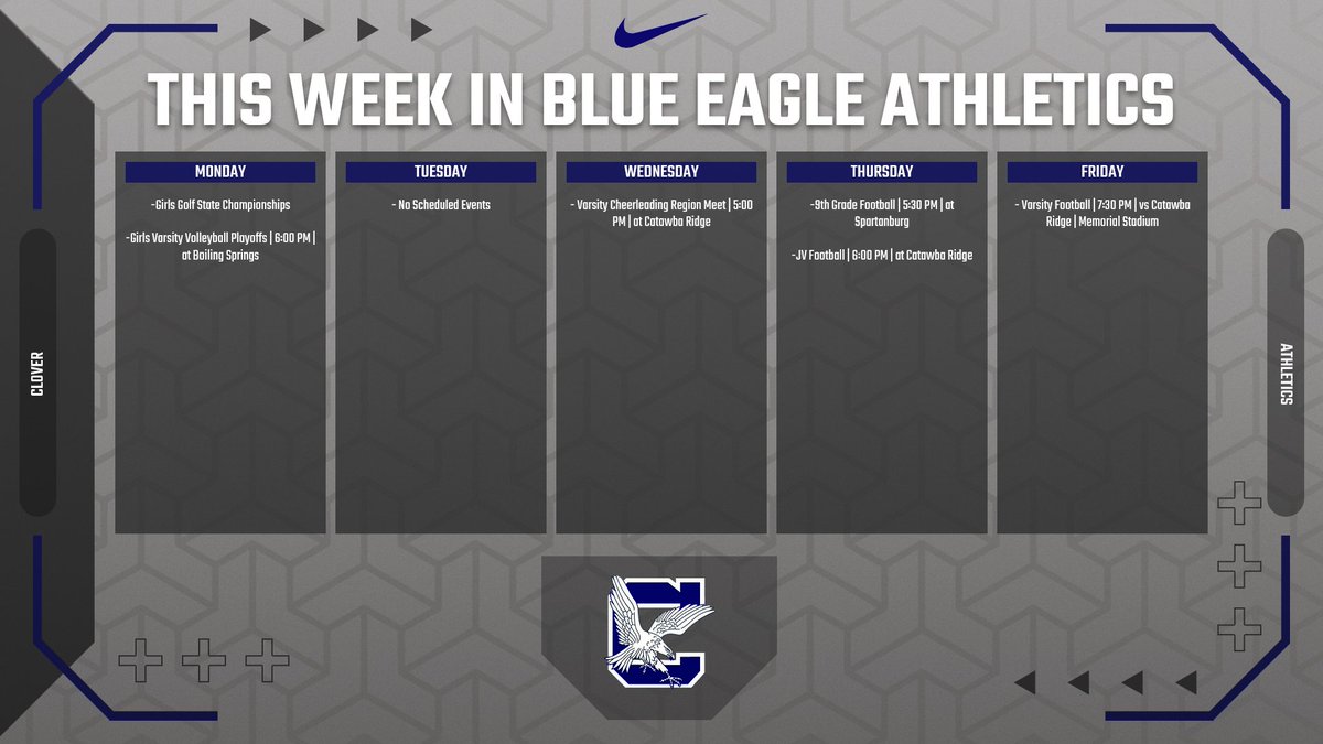 Exciting week ahead for Blue Eagle Nation! Come support our student athletes as they compete this week. Stay tuned for updates and results. Go Clover! #GoBlueEagles