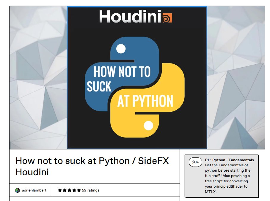 kuramaKageya's tweet image. How not to suck at Python / SideFX Houdini
HoudiniでのPythonの使い方を学びたいなら、このチュートリアルがとてもおすすめです!
この動画のおかげで、制作を効率化してくれるスクリプトを自分で書けるようになり、とてもお世話になりました!
Link↓
adrienlambert.gumroad.com/l/pythfx?layou…
#python…
