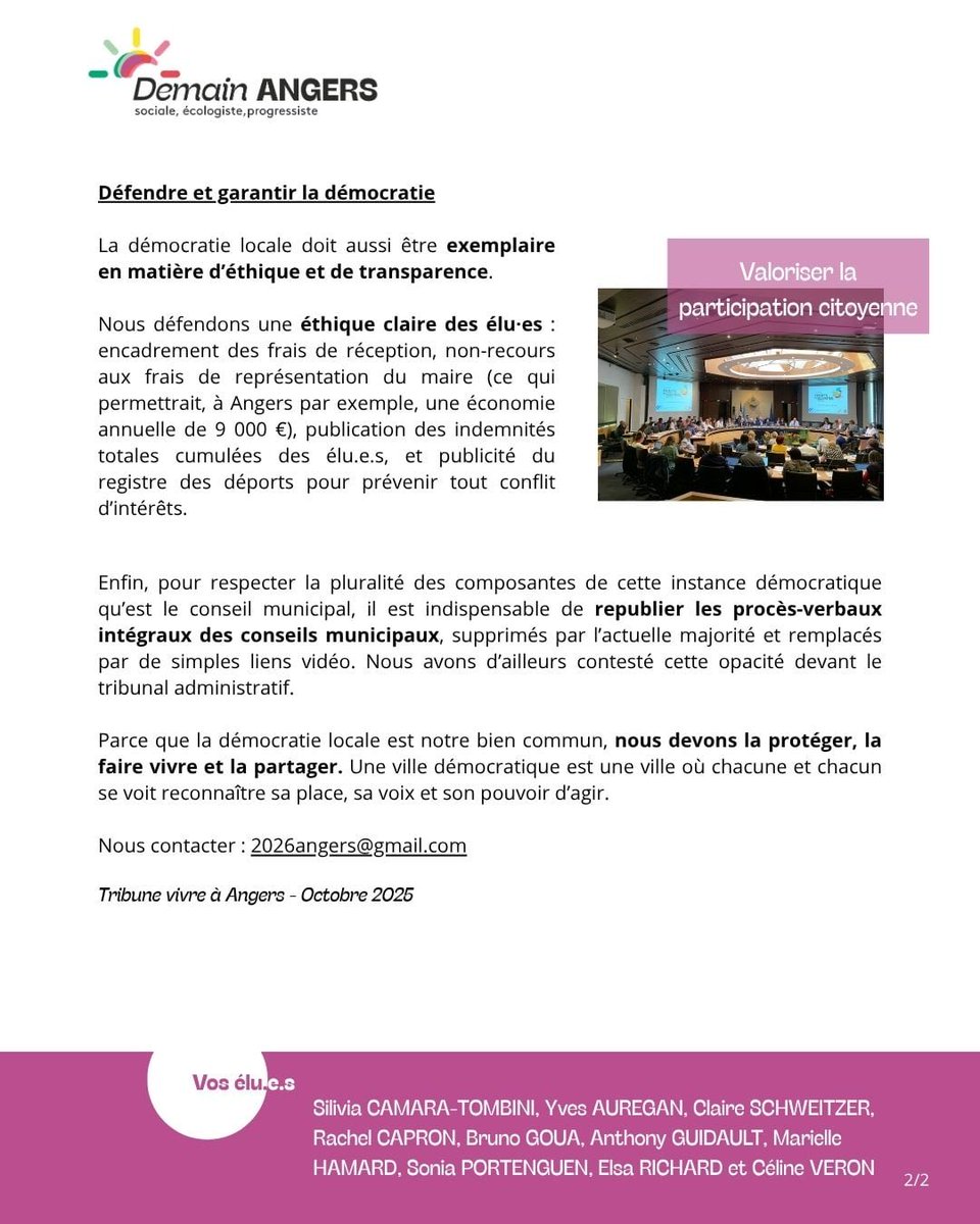 [Tribune - Vivre à Angers]

Pour une démocratie vivante, transparente et participative ! 

"La démocratie locale est notre bien commun : protégeons là et faisons là vivre. Une ville démocratique reconnaît à chacun sa place, sa voix et son pouvoir d’agir."