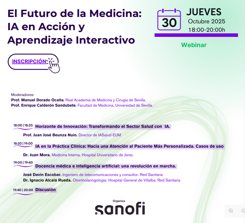 RarasReales's tweet photo. “El Futuro de la Medicina: IA en Acción y Aprendizaje Interactivo”.

📅 Te esperamos este 30 de octubre a las 18.00h en el webinar gratuito para descubrir con casos clínicos reales cómo la #InteligenciaArtificial está impulsando una atención más precisa y personalizada.

💻 Apúntate y síguelo desde cualquier lugar.
https://t.co/Spq9k2vGOM