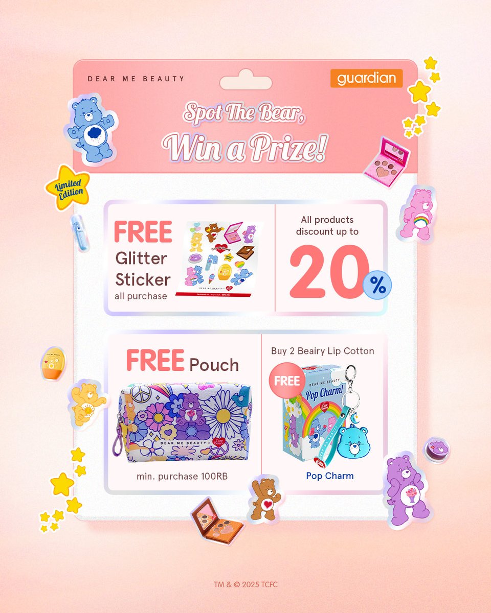 dearmebeauty's tweet photo. ✨ GET THE BEAR, WIN THE PRIZE! ✨
Belanja makin seru karena hadiah langsung nungguin kamu!
💖 FREE glitter sticker (all purchase) 
💖 FREE pouch (min. 100k)
💖 FREE Pop Charm (beli 2 Lip Cotton)

And the fun part — let’s find the bear! 🎉
Only @guardian_id selected stores! https://t.co/WjQoeE7tv8