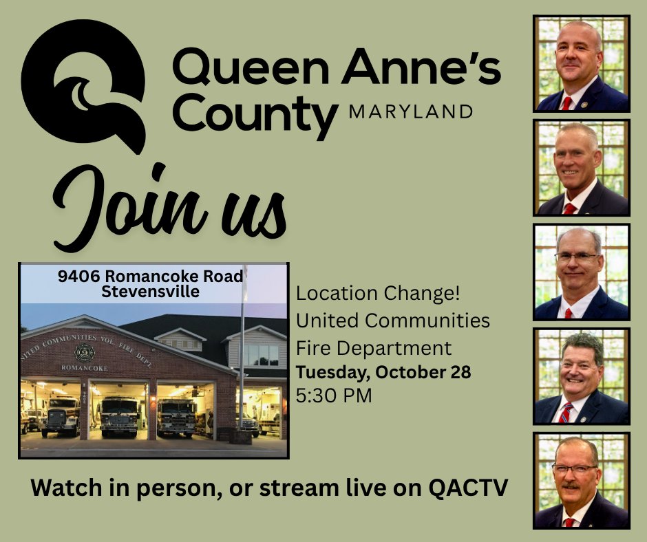 Join us on Tuesday, October 28 at 5:30 PM for our regular County Commissioner meeting. Please note the location change for this meeting. 

United Communities Fire Department
9406 Romancoke Road
Stevensville
The agenda for this meeting can be found here qac.org/AgendaCenter/V…