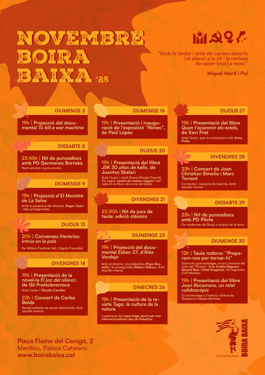 🗓️ Presentem la programació d'activitats del mes de novembre al Casal Popular Boira Baixa de #Manlleu, amb actes per a tots els públics i gustos! 🍁

🔗 Més informació, a la nostra agenda web: boirabaixa.cat/esdeveniments.