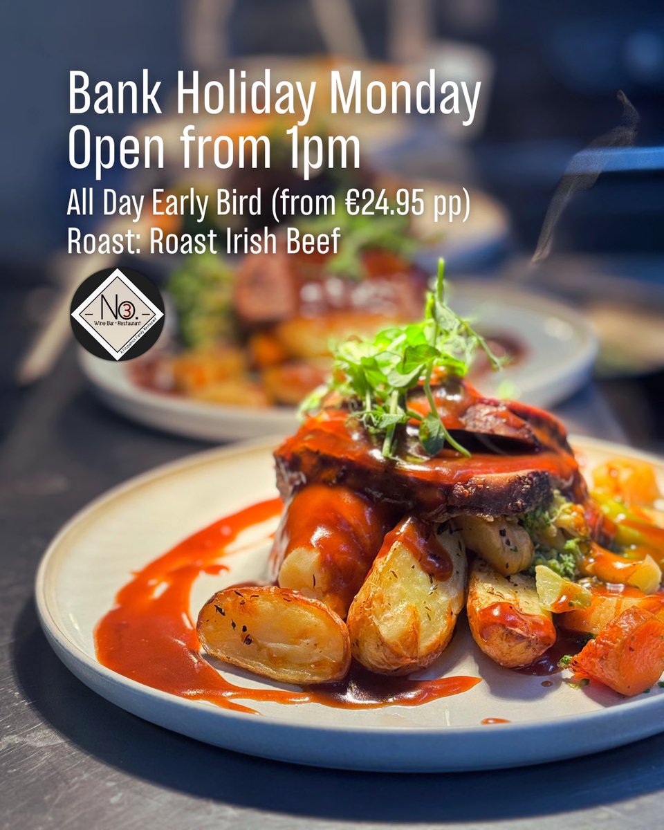 Open today for the Bank Holiday Monday! ☀️ Join us from 1 pm with our All-Day Early Bird (from €24.95 pp), plus our Lunch Menu, À La Carte, Tapas &amp; Antipasti Boards available all day. Perfect way to wrap up the long weekend 🍷✨
#LouthChat #No3Collon