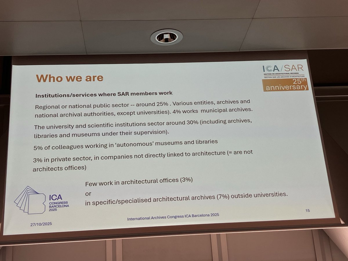 #ICABarcelona25 reunión <a href="/ICA_SAR/">ICA-Section on Architectural Records</a> #AntonioSousa responde: tipo de #archivos de donde proceden miembros de la sección  #archivos #arquitectos mayoritarios 30% de #universidades