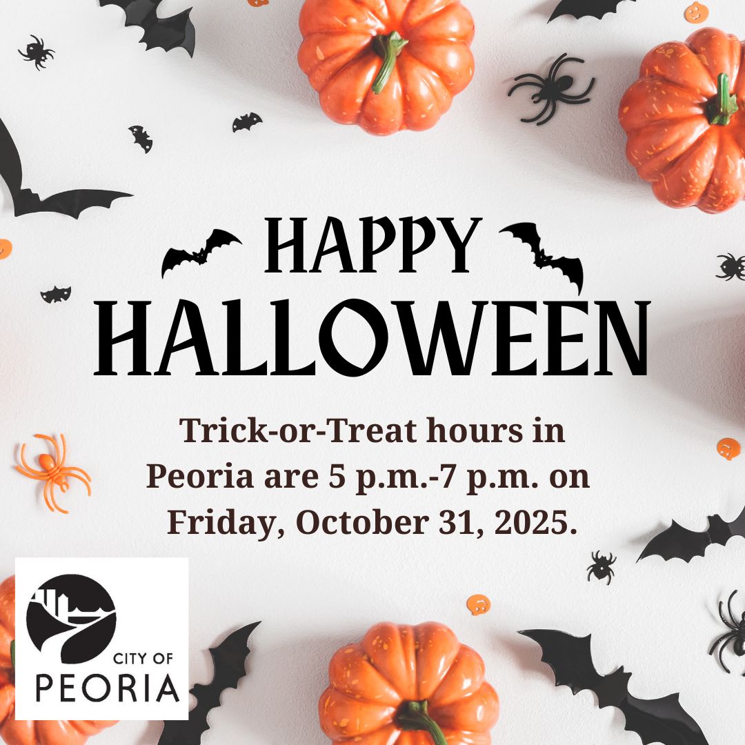 Halloween is almost here! Trick-or-Treat hours in Peoria will be from 5 p.m.-7 p.m. on Friday, October 31, 2025. 🎃