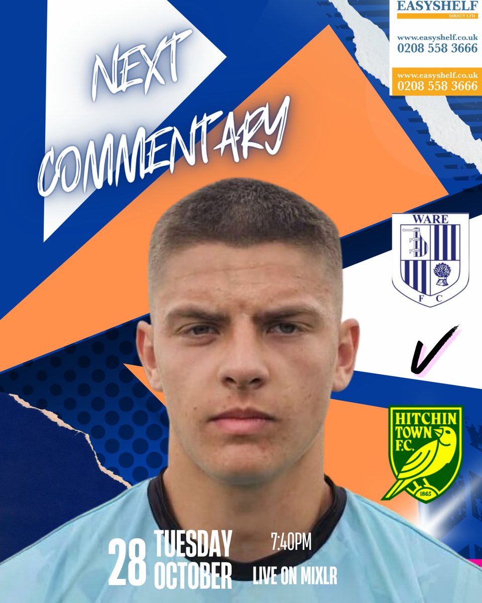 Tuesday evenings action comes from Wodson park as <a href="/Ware_FC/">Ware FC</a> host <a href="/HitchinTownFC/">Hitchin Town FC</a> join <a href="/marvotm/">Pete Hill</a> and <a href="/symon75/">Symon Allemandy</a> LIVE from 7:40pm on 90minuteslivefootball.mixlr.com/events/4606535 for all the action! #Easyshelf #ElliotHeath #Teamexsports
