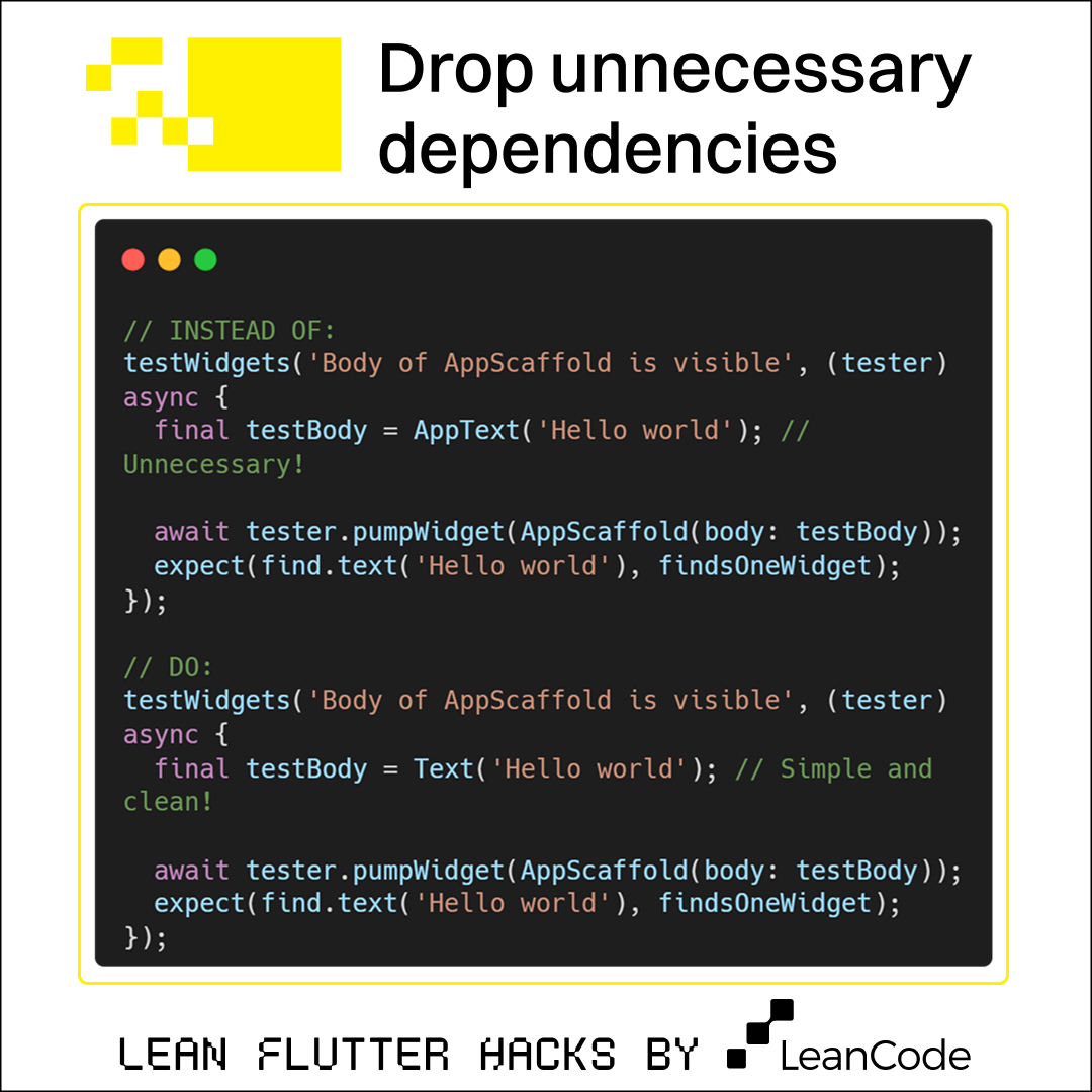 LeanCodePl's tweet image. 8/n
#LeanFlutterHacks – Ep. 8️⃣: Drop unnecessary dependencies in tests
🔗x.com/LeanCodePl/sta…