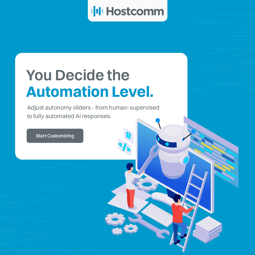 HostcommAI's tweet image. You decide how much automation your business needs.
From human-supervised to fully autonomous AI — Hostcomm gives you total control. 
Start customising your automation today.

Check your free demo: calendly.com/lauren-connors…

#Hostcomm #AI #Automation #CX #AIChatbots