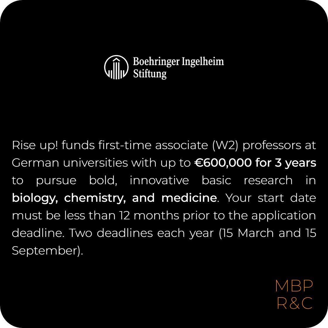 📢W2 Profs in DE—the <a href="/Boehringer/">Boehringer Ingelheim</a> Ingelheim Stiftung offers up to €600K for research programmes in biology, chemistry &amp; medicine
📅15 March 2026
🔗 rxn.mbp-rnc.com/25aff?utm_sour…
🏷️Know a newly appointed W2 who might benefit? Tag them
#ResearchFunding #Fellowships #ResearchSupport
