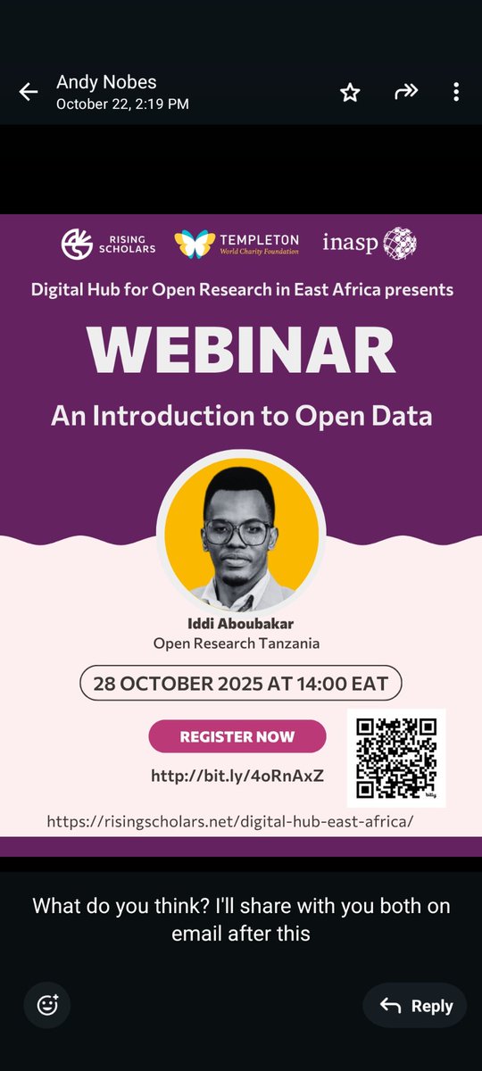 Join us tomorrow for an introduction to #OpenData as part of Rising Scholars webinars

#OpenScience #OpenResearch 

To register: bit.ly/40RnAxZ