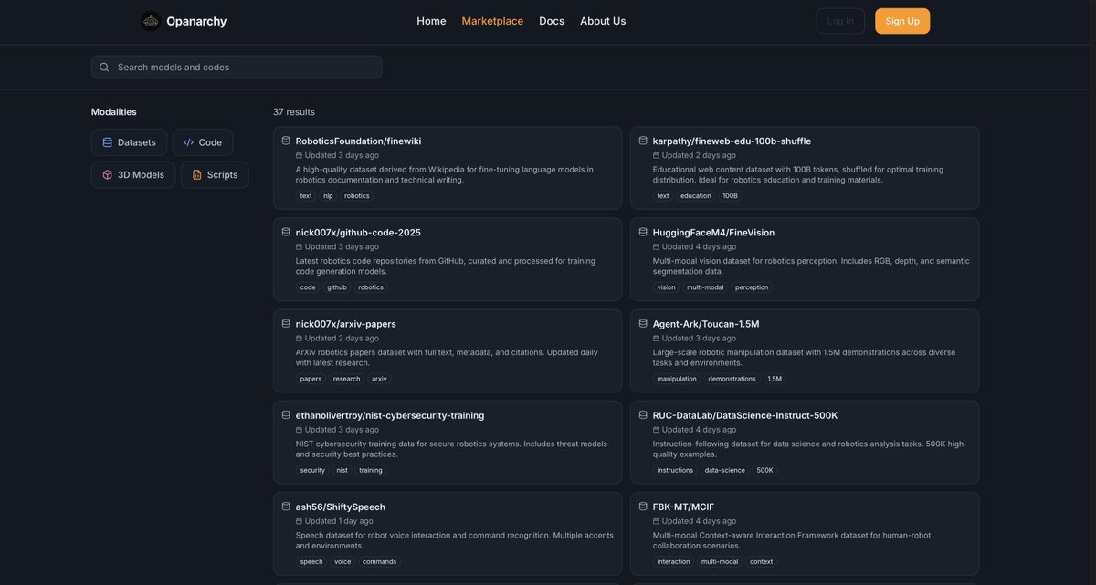 Opanarchyai's tweet image. Right now, there isn’t a single open marketplace that truly supports opensource robotic development in a way that’s fast, collaborative and onchain. Most existing platforms are either limited to closed research datasets, fragmented GitHub repositories or corporate APIs that…