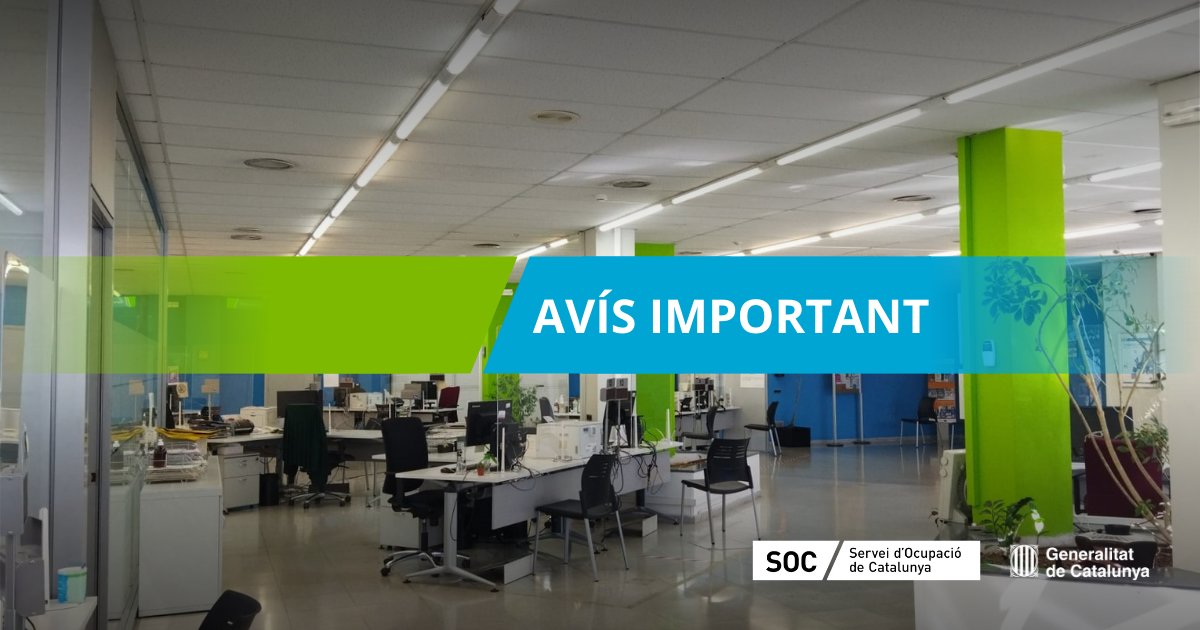 📢 ATENCIÓ: L'Oficina de Treball de Sabadell Centre prestarà servei a l'Oficina de Treball de Sabadell Sardà, ubicada al carrer Sardà 121-123, a partir de dimarts 28 d'octubre i fins a nou avís.

📞 Telèfon de contacte 930 886 200