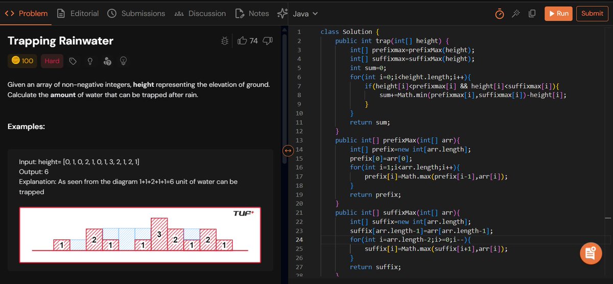 rajeshboya89's tweet image. Day 15 – #TUFWinterArc ❄️

Solved Trapping Rain Water 💧
Learned to use prefix &amp;amp; suffix arrays for efficient water trapping logic! 

@takeUforward_  @striver_79 
#TakeUForward #TUF #DSA #Coding
