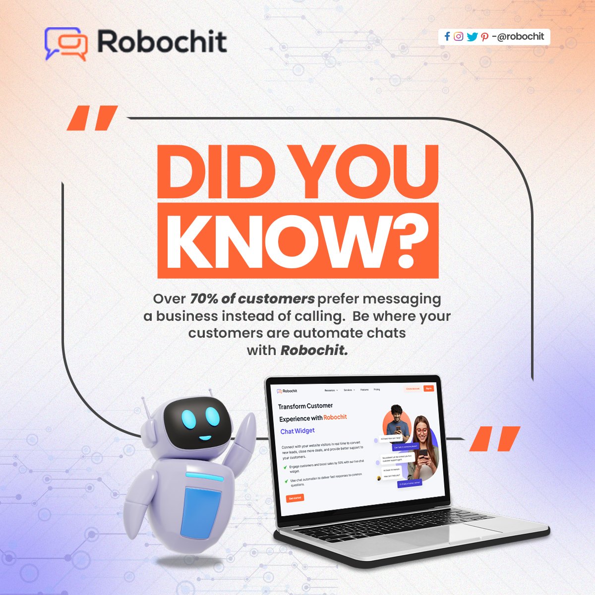 RoboHDT's tweet image. 💬 70% of customers prefer chatting over calling!
🤖 Stay connected &amp;amp; convert faster with Robochit — your smart AI chatbot.

👉 Automate your chats today!
🌐 robochit.com | 📞 +91-7404900081 | ✉️ support@robochit.com

#Robochit #AIChatbot #ChatAutomation #24x7Chatbot