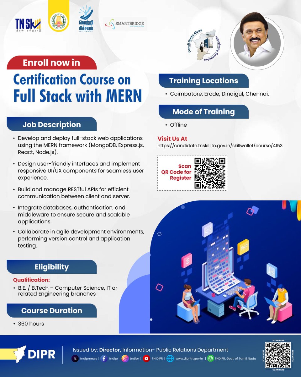TNDIPRNEWS's tweet image. Enroll now in the Certificate course on Full Stack with MERN
@CMOTamilnadu @mkstalin @Udhaystalin
@mp_saminathan
#TNDIPR #TNMediahub #CMMKStalin #DyCMUdhay #TNGovt #PeoplesGovt #TNGovtSchemes #CMOTamilnadu #peoplecm #TamilNadu