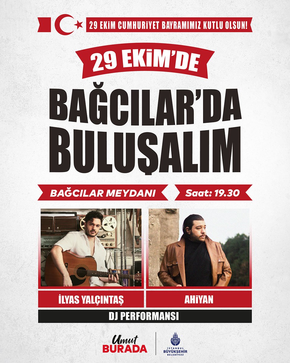 29 Ekim Cumhuriyet Bayramı coşkusunu Beşiktaş ve Bağcılar’da birlikte yaşıyoruz!

🗓️ 29 Ekim Çarşamba 
⏰ 19.30
📍 Beşiktaş Meydanı 

CUMHURİYET SENFONİSİ
•⁠  ⁠İBB Kent Orkestrası ve birbirinden değerli konukları

🗓️ 29 Ekim Çarşamba 
⏰ 19.30
📍 Bağcılar Meydanı 

•⁠