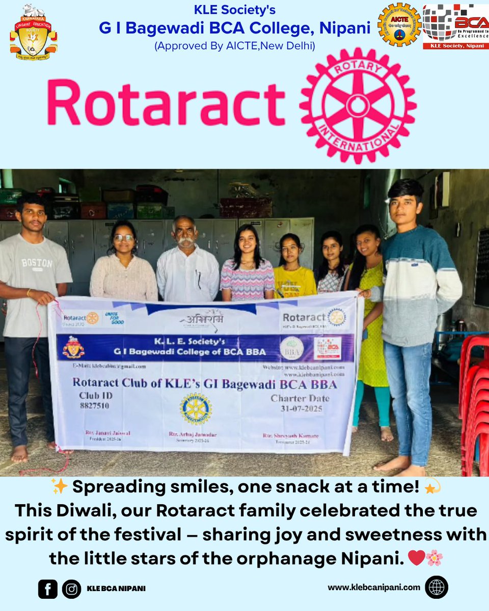 KLE_bca_nipani's tweet image. Spreading smiles, one snack at a time
This Diwali, our KLE’s BCA &amp;amp; BBA College, Nipani Rotaract family celebrated the true essence of the festival sharing happiness, sweetness, and love with the little stars at the Orphanage Nipani
Because the brightest lights are the smiles we