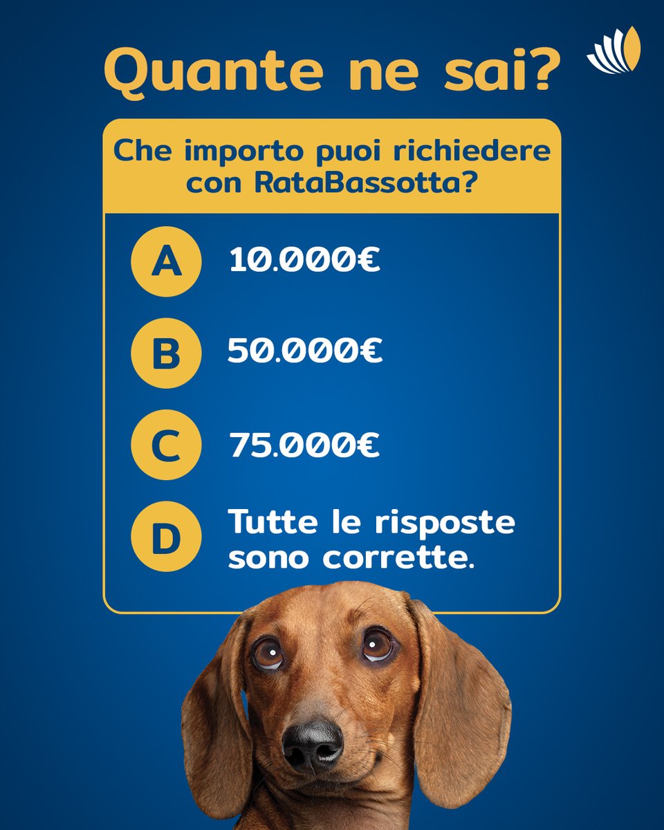 La risposta corretta è … tutte!😉

Con #RataBassotta, infatti, puoi richiedere fino a 75.000€.

👉🏻Scopri tutta la sua convenienza: iblbanca.it/cessione_quint…

#IBLBanca #MiglioraLaVitaDiTuttiIGiorni #cessionedelquinto #prestiti

(Mes. pub. IEBCC su iblbanca.it)