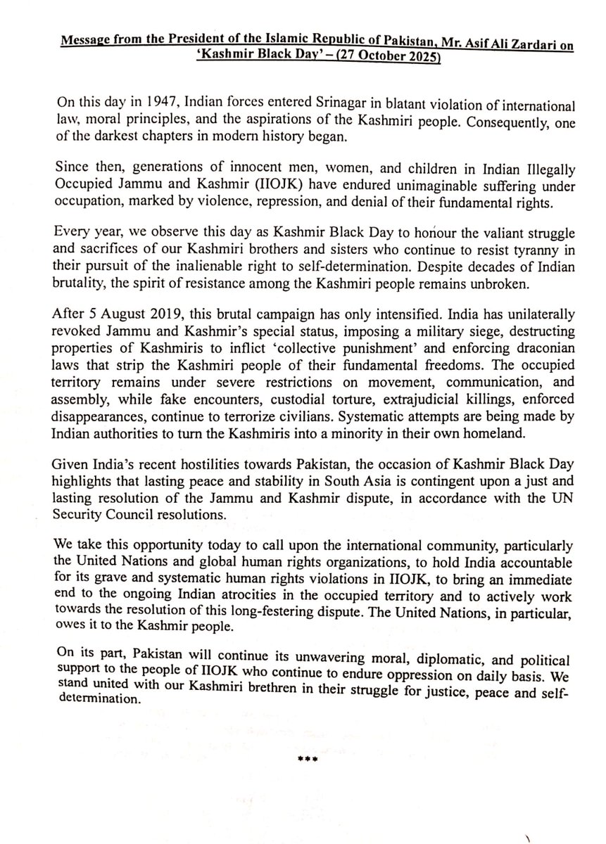 PakinSchweiz's tweet image. Message from the President of  the Islamic Republic of Pakistan on Kashmir Black Day
@ForeignOfficePk